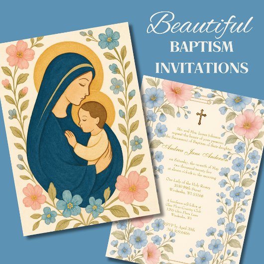 Invitation Baptême catholique Floral Marie et bébé Jésus