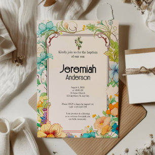 Invitation Baptême Catholique Floral Simple Élégant Crème Ver