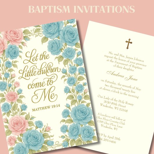 Invitation Baptême catholique Flore Marie & Jésus Écriture