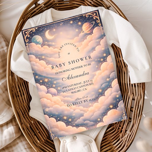 Invitation Baptême Céleste Nuages Étoiles Bébé