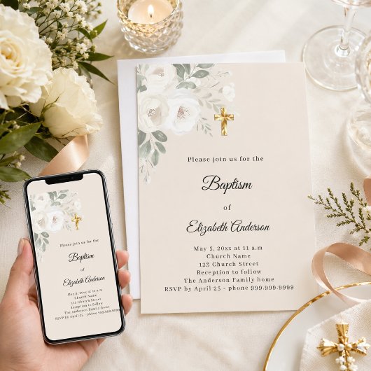 Invitation Baptême champagne fleurs blanches fille