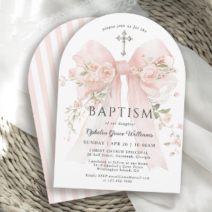 Invitation Baptême chrétien de fille Ruban floral rose