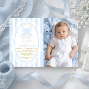 Invitation Baptême chrétien d'un garçon Photo ruban bleu