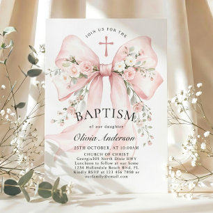 Invitation Baptême chrétien élégant d'une fille - Ruban flora