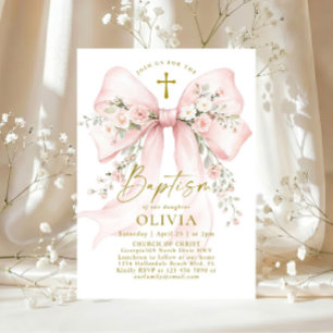 Invitation Baptême chrétien élégant d'une fille - Ruban flora