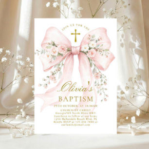 Invitation Baptême chrétien élégant d'une fille - Ruban flora