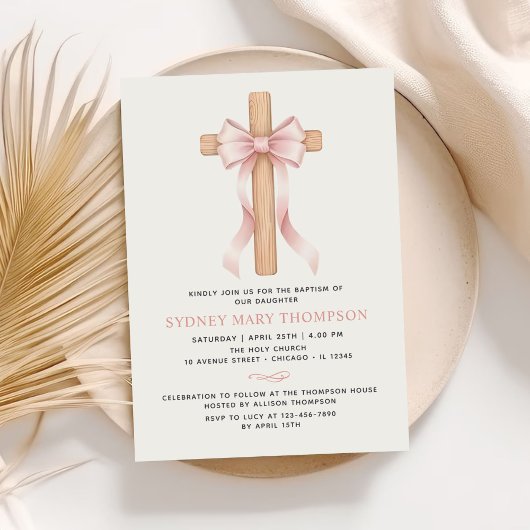 Invitation Baptême chrétien fille ruban rose