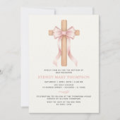 Invitation Baptême chrétien fille ruban rose (Devant)