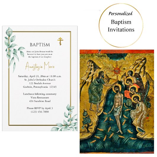 Invitation Baptême Chrétien Orthodoxe Eucalyptus Rustique