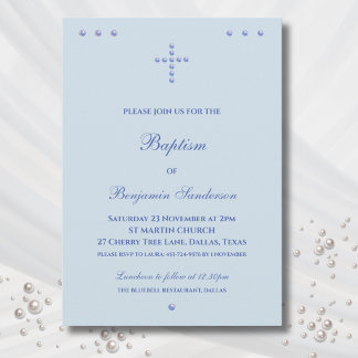 Invitation Baptême Chrétien Simple Croix Bleu Poussiéreux