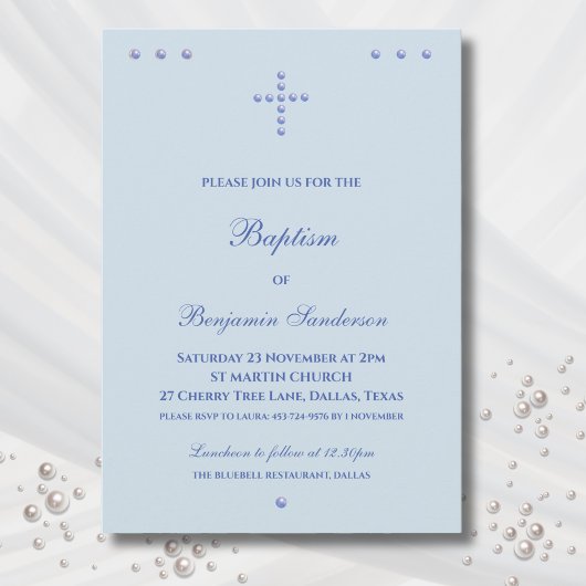Invitation Baptême Chrétien Simple Croix Bleu Poussiéreux