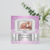 Invitation Baptême Christening bébé fille rose violet (Debout devant)