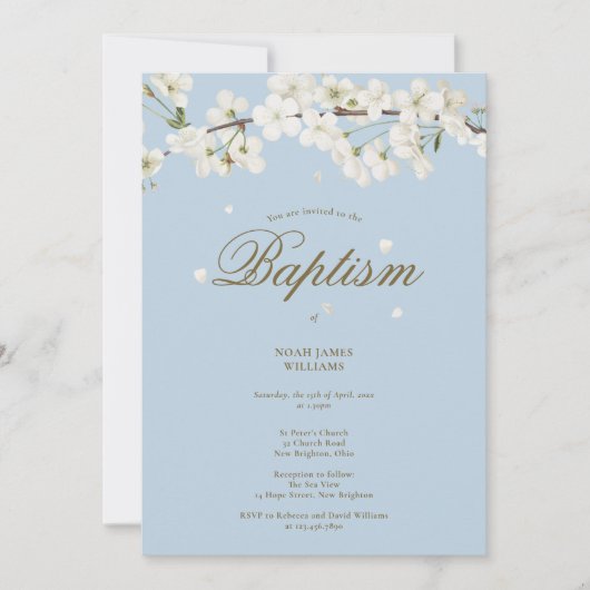 Invitation Baptême Christening Blossom Floral Élégant Bleu (Devant)