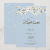Invitation Baptême Christening Blossom Floral Élégant Bleu (Devant / Derrière)