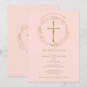 Invitation Baptême Christening Blush Pink Gold Cross Floral (Devant / Derrière)