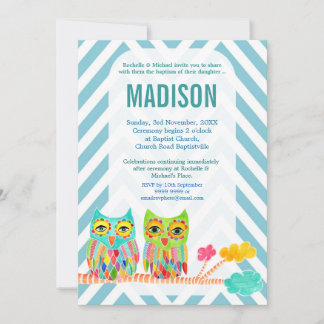 Invitation Baptême Christening Chevron Rainbow Owls Invitatio