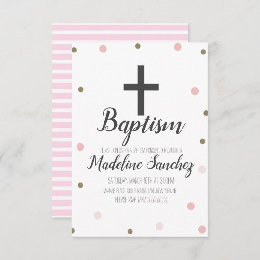 Invitation Baptême Christening Confetti Pink Foil Points Or (Devant / Derrière)