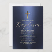 Invitation Baptême Christening Cross Moderne Marine Bleu & Or (Devant)