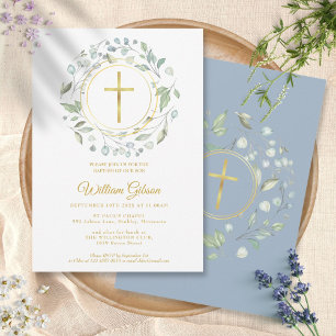 Invitation Baptême Christening Dusty Blue Couronne d'or Croix