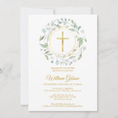 Invitation Baptême Christening Dusty Blue Garland Gold Cross (Devant)