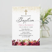 Invitation Baptême Christening Élégant Bourgogne Rouge Floral (Debout devant)