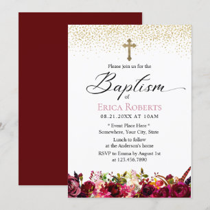 Invitation Baptême Christening Élégant Bourgogne Rouge Floral