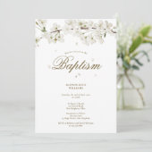 Invitation Baptême Christening Elégant Fleur Blanche Florale  (Debout devant)