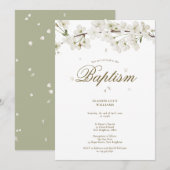 Invitation Baptême Christening Elégant Fleur Blanche Florale  (Devant / Derrière)