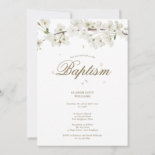 Invitation Baptême Christening Élégante floraison blanche  (Devant)