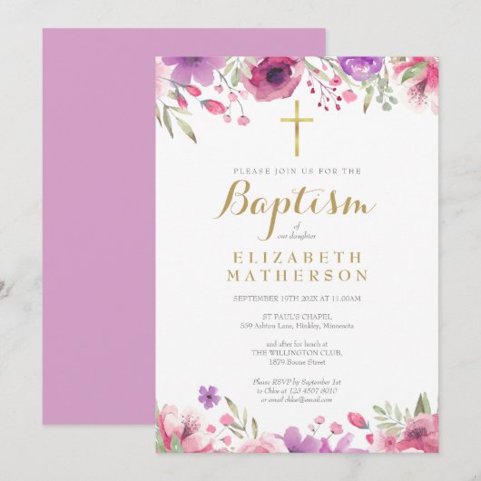 Invitation Baptême Christening Élégante Rose Rose Floral (Devant / Derrière)