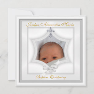 Invitation Baptême Christening Étoile Blanche Photo Croix Arc