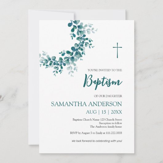 Invitation Baptême Christening Eucalyptus Vert (Devant)