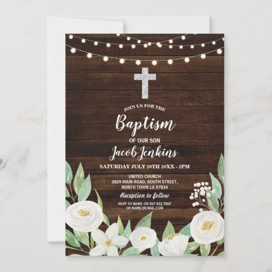 Invitation Baptême Christening Fleurs blanches Bois rustique (Devant)