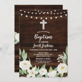 Invitation Baptême Christening Fleurs blanches Bois rustique (Devant / Derrière)