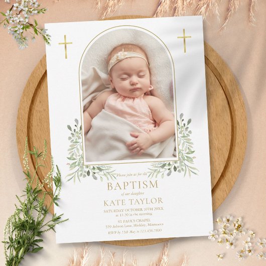 Invitation Baptême Christening Fleurs dorées Arche Photo 