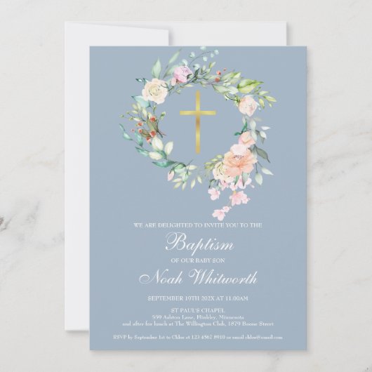 Invitation Baptême Christening Floral Garland Dusty Blue (Devant)