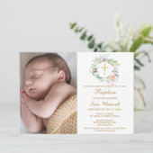 Invitation Baptême Christening Floral Garland Photo (Debout devant)