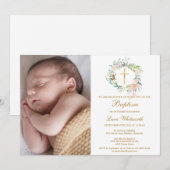 Invitation Baptême Christening Floral Garland Photo (Devant / Derrière)