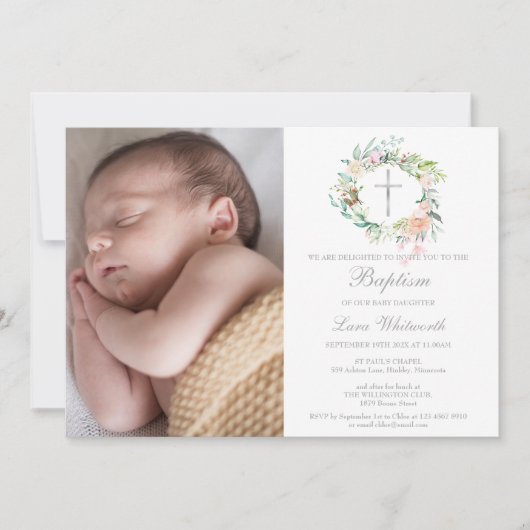 Invitation Baptême Christening Floral Garland Photo (Devant)