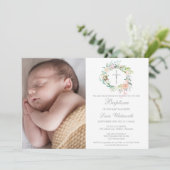 Invitation Baptême Christening Floral Garland Photo (Debout devant)