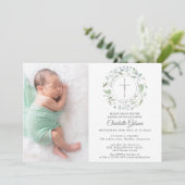 Invitation Baptême Christening Garland Silver Cross Photo (Debout devant)