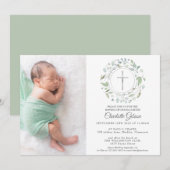 Invitation Baptême Christening Garland Silver Cross Photo (Devant / Derrière)