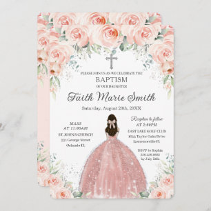 Invitation Baptême Christening Girl Blush Floral Roses Argent