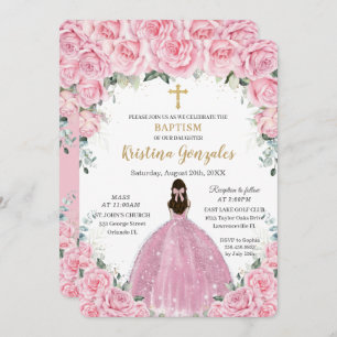 Invitation Baptême Christening Girl rose Floral Gold Cross