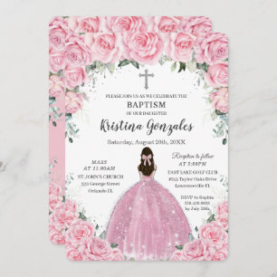 Invitation Baptême Christening Girl rose Floral Silver Cross
