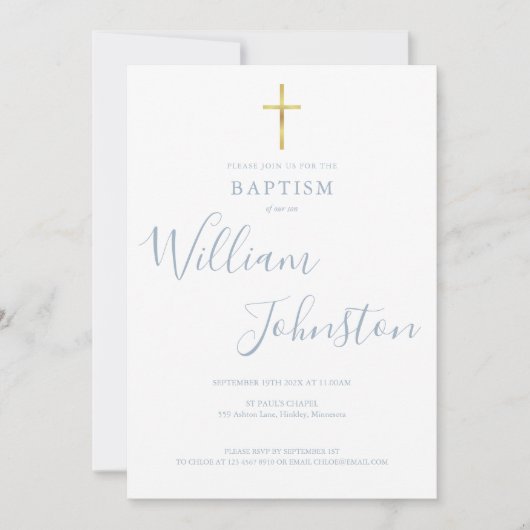 Invitation Baptême Christening Gold Cross Dusty Blue QR Code (Devant)