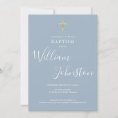 Invitation Baptême Christening Gold Cross Dusty Blue QR Code (Devant)