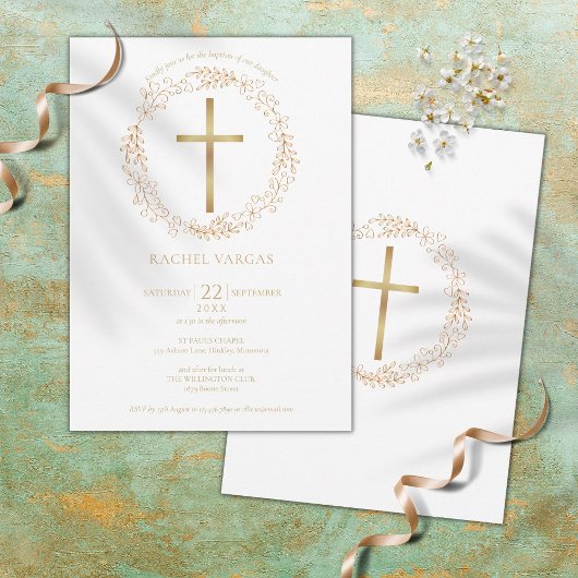 Invitation Baptême Christening Gold Cross Floral