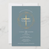 Invitation Baptême Christening Gold Cross Floral (Devant)