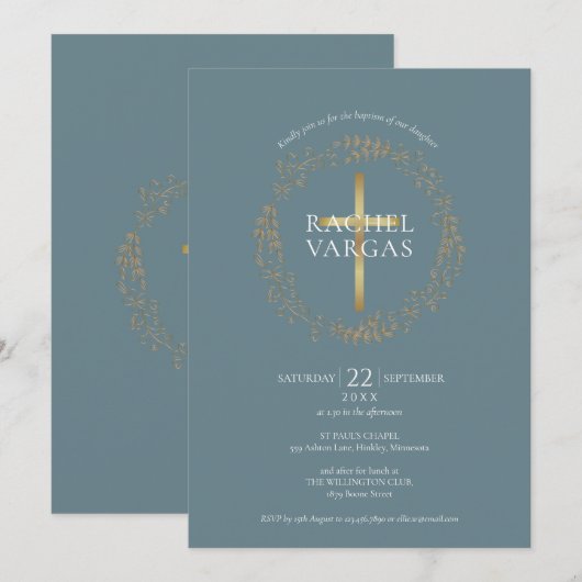 Invitation Baptême Christening Gold Cross Floral (Devant / Derrière)